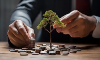 Coin Tree Cultivation: Businessman Planting a Money Tree on a Stack of Coins